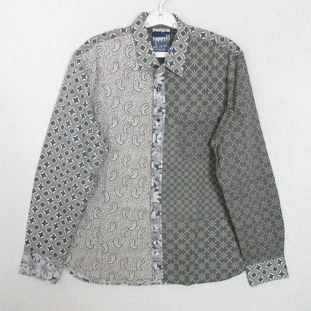 Desigual Shirt Mens L Slim Fit Mixed Print Long Sleeve Button Up Gray Floral